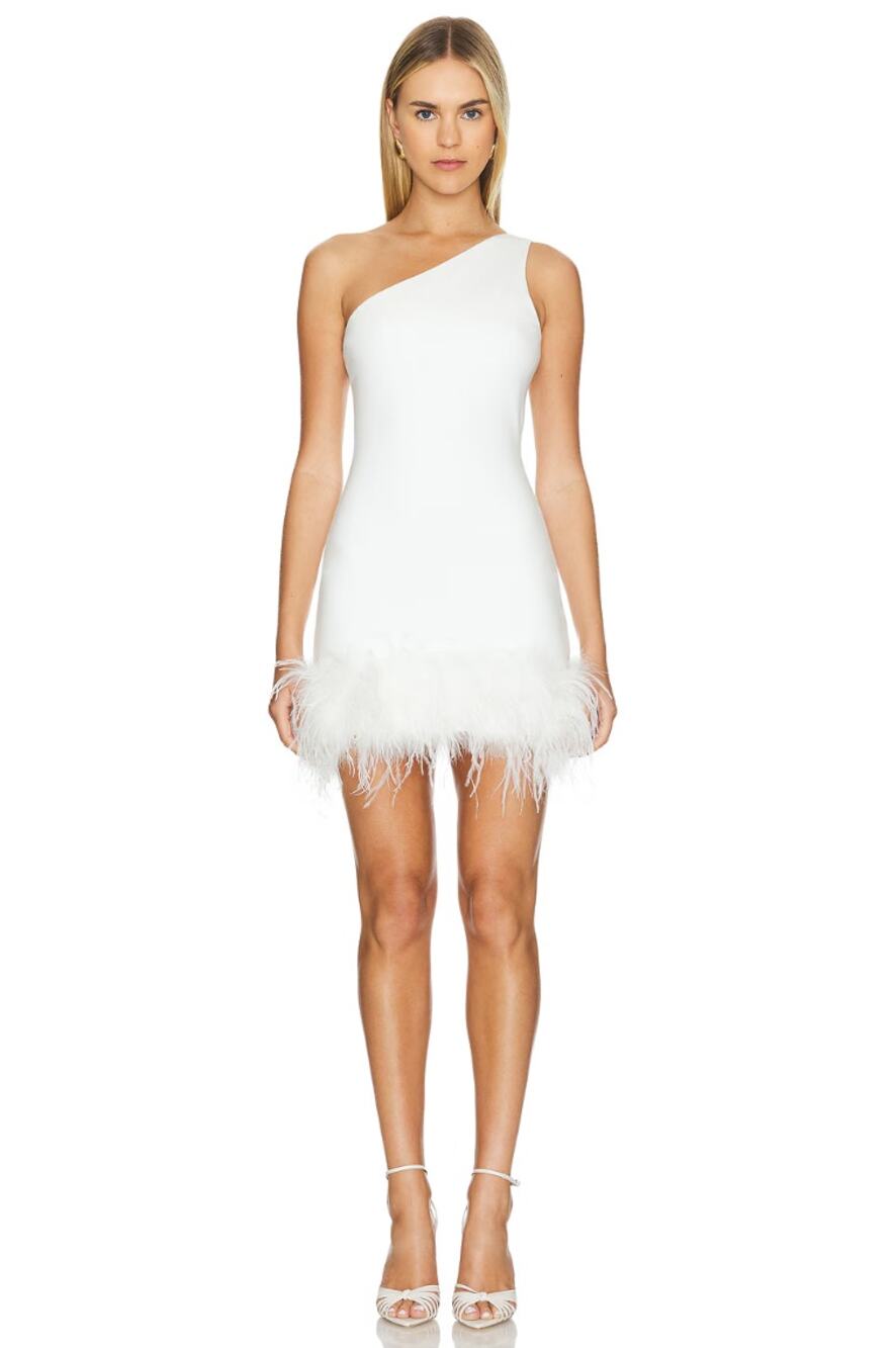 LAMARQUE | Tafia Feather Trimmed One Shoulder Mini Dress White XXS